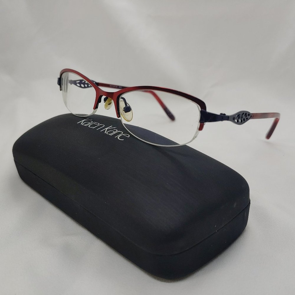 KAREN KANE Eyeglass Frames PANSY Red Black Metal Half Rim Rhinestones